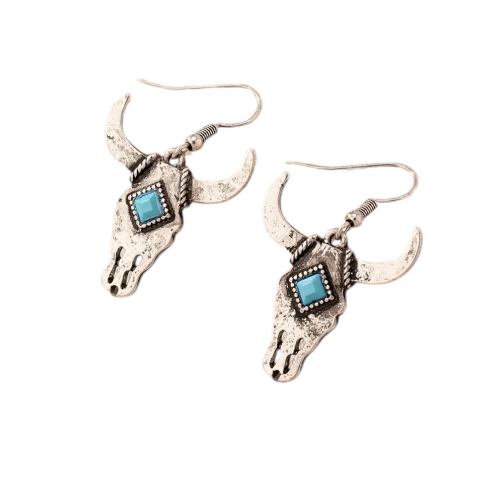 Boho Antique Silver and Turquoise Accented Western Bullhead Drop Earrings